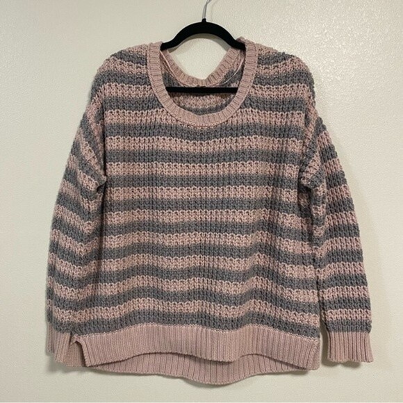 Free People Sweater Women’s Size Medium Pink Gray At The Beach Striped Sweater - Picture 5 of 13
